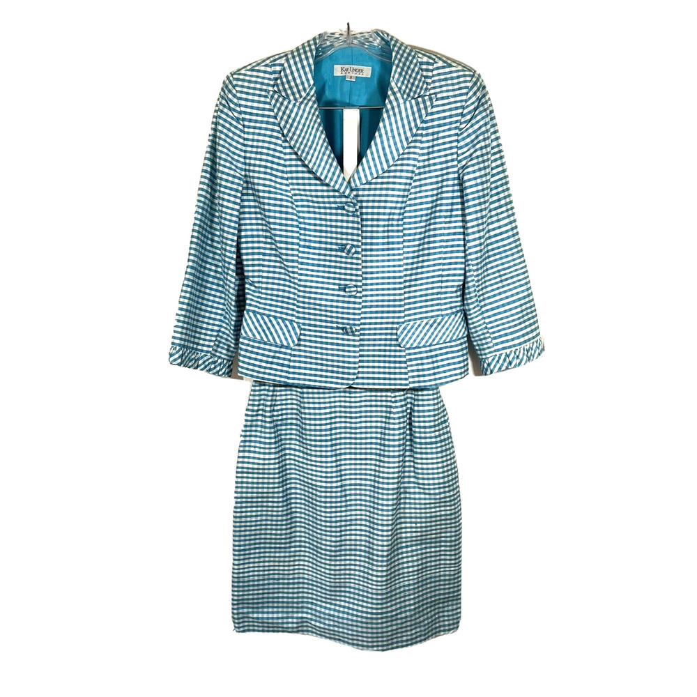 Kay Unger Teal Checked Skirt Set